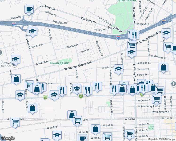 map of restaurants, bars, coffee shops, grocery stores, and more near 1010 West Wilson Street in Pomona