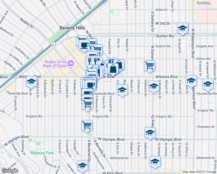 map of restaurants, bars, coffee shops, grocery stores, and more near 9378 Wilshire Boulevard in Beverly Hills