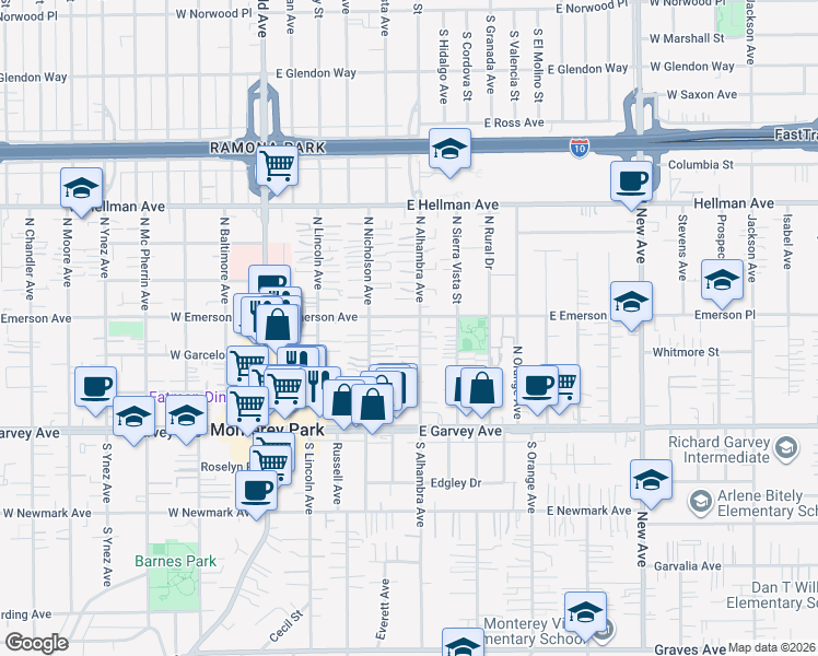 map of restaurants, bars, coffee shops, grocery stores, and more near 410 North Alhambra Avenue in Monterey Park