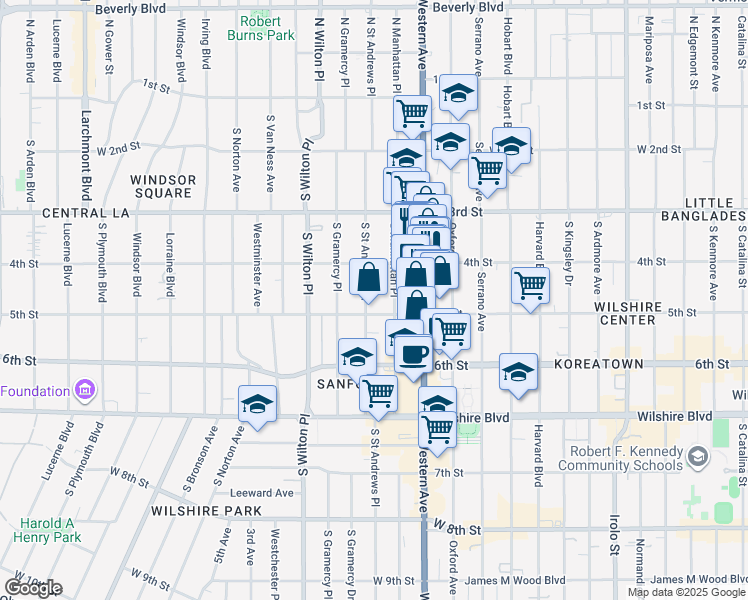 map of restaurants, bars, coffee shops, grocery stores, and more near 446 South Saint Andrews Place in Los Angeles
