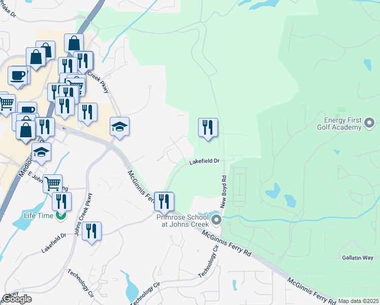 map of restaurants, bars, coffee shops, grocery stores, and more near 3945 Lakefield Court in Suwanee