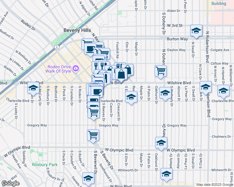 map of restaurants, bars, coffee shops, grocery stores, and more near 137 Crescent Drive in Beverly Hills