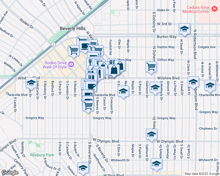map of restaurants, bars, coffee shops, grocery stores, and more near 137 Crescent Drive in Beverly Hills