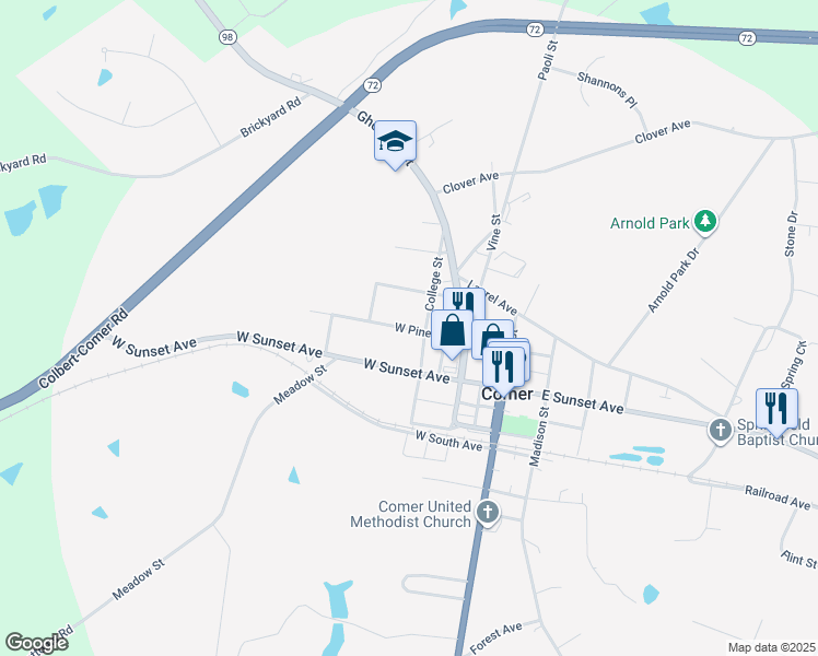 map of restaurants, bars, coffee shops, grocery stores, and more near 174 West Pine Avenue in Comer