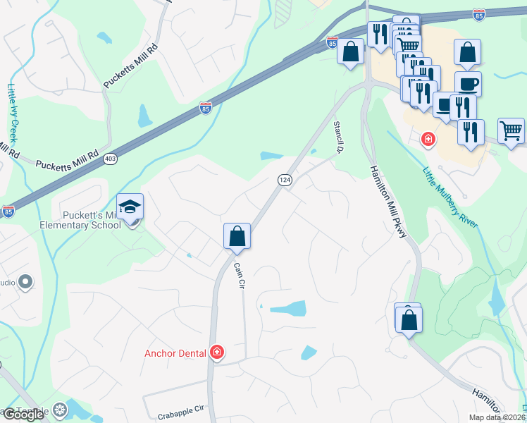 map of restaurants, bars, coffee shops, grocery stores, and more near Braselton Highway in Dacula