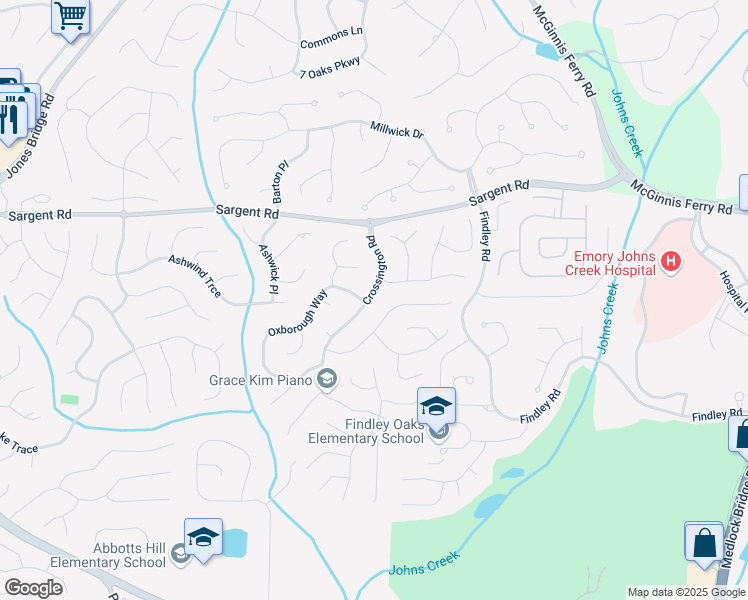 map of restaurants, bars, coffee shops, grocery stores, and more near 11605 Crossington Road in Alpharetta
