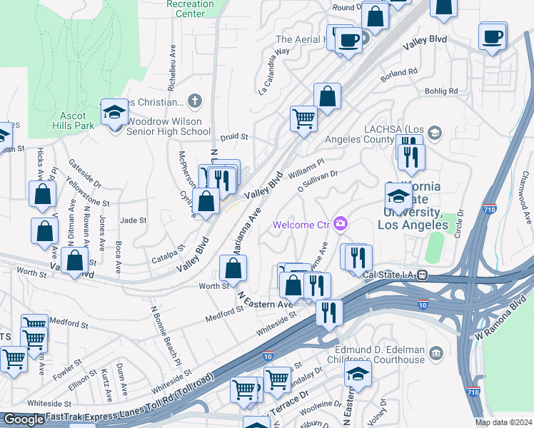 map of restaurants, bars, coffee shops, grocery stores, and more near 1950 Seigneur Avenue in Los Angeles