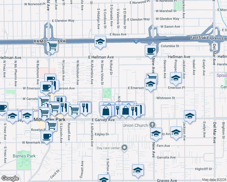 map of restaurants, bars, coffee shops, grocery stores, and more near 405 North Rural Drive in Monterey Park