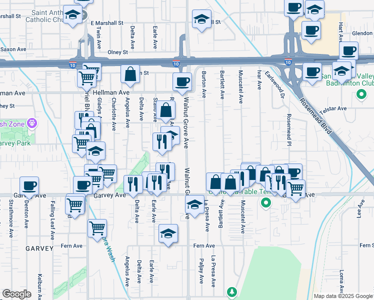 map of restaurants, bars, coffee shops, grocery stores, and more near in Rosemead