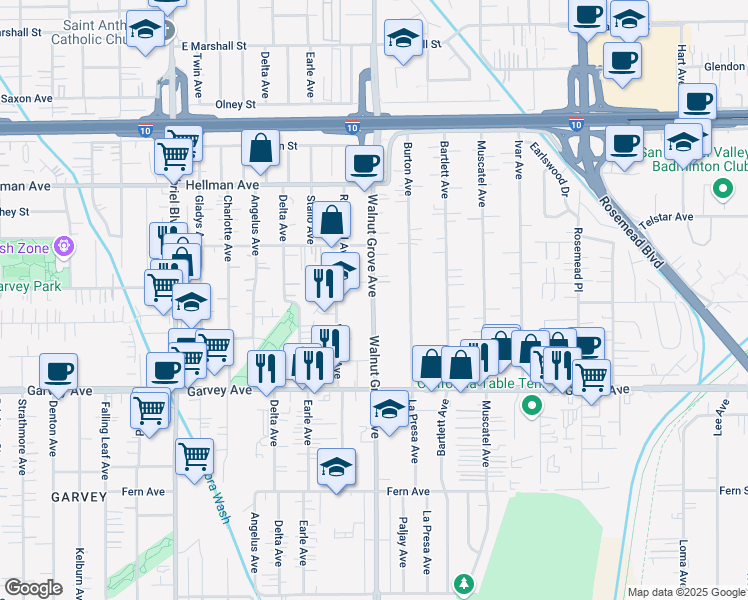 map of restaurants, bars, coffee shops, grocery stores, and more near 3121 Walnut Grove Avenue in Rosemead