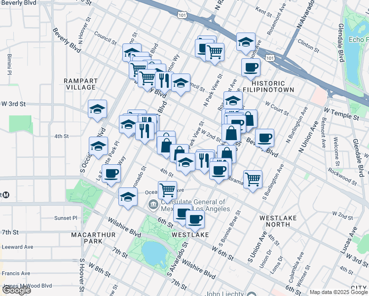 map of restaurants, bars, coffee shops, grocery stores, and more near 2 South Park View Street in Los Angeles