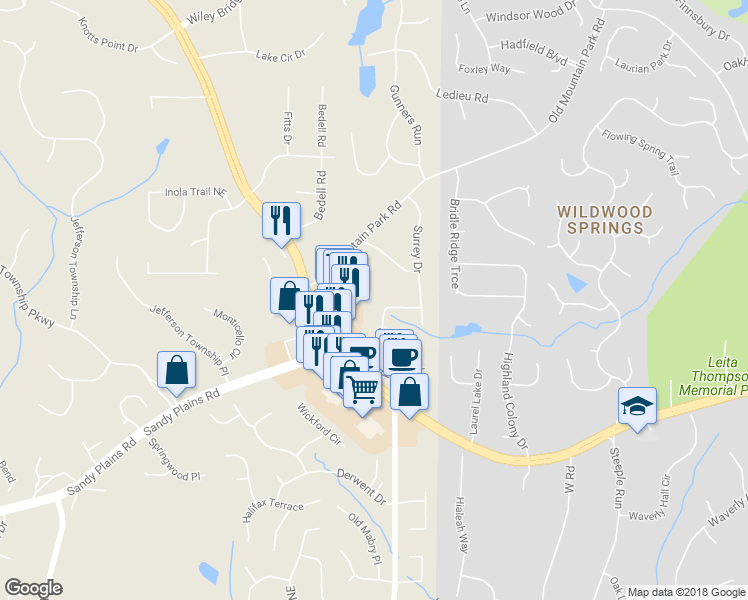 map of restaurants, bars, coffee shops, grocery stores, and more near 4764 Surrey Road in Roswell