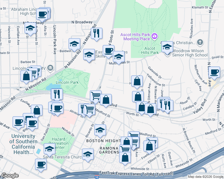 map of restaurants, bars, coffee shops, grocery stores, and more near 4136 Abner Street in Los Angeles