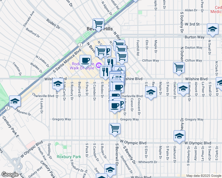 map of restaurants, bars, coffee shops, grocery stores, and more near 136 South El Camino Drive in Beverly Hills