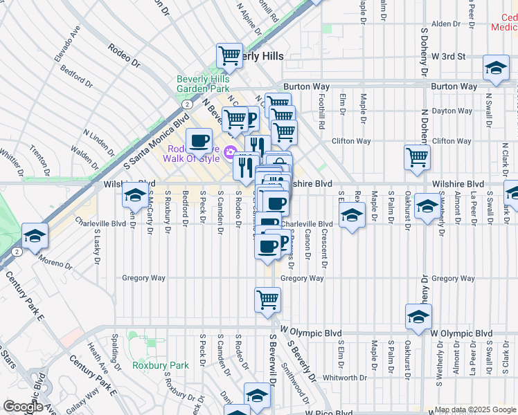 map of restaurants, bars, coffee shops, grocery stores, and more near 136 South El Camino Drive in Beverly Hills