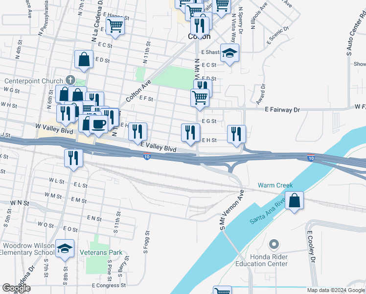 map of restaurants, bars, coffee shops, grocery stores, and more near 691 East Valley Boulevard in Colton