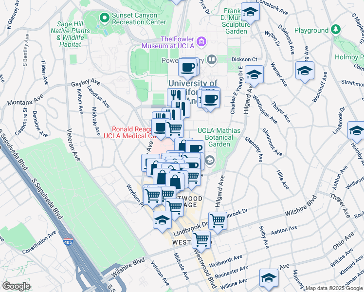 map of restaurants, bars, coffee shops, grocery stores, and more near 760 Westwood Plaza in Los Angeles