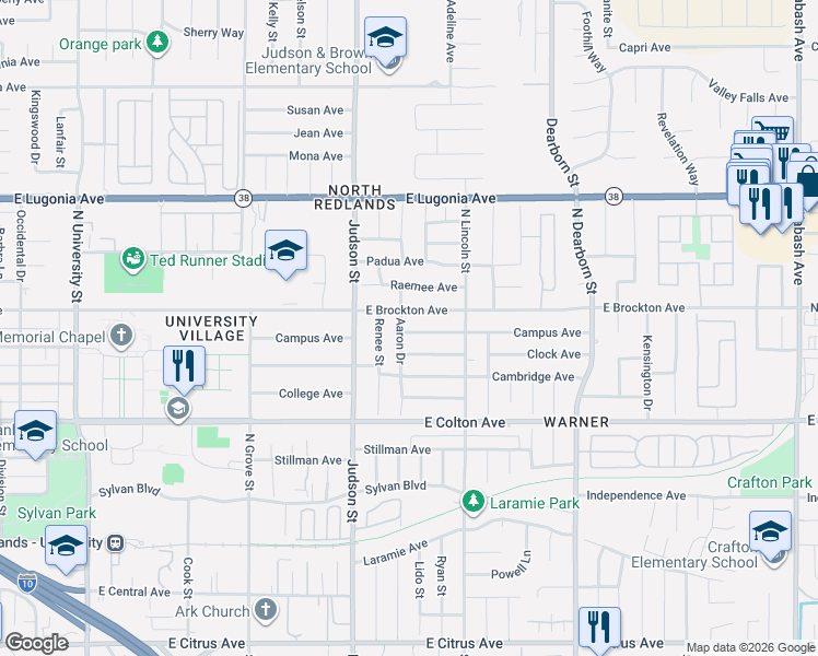 map of restaurants, bars, coffee shops, grocery stores, and more near 1435 East Brockton Avenue in Redlands