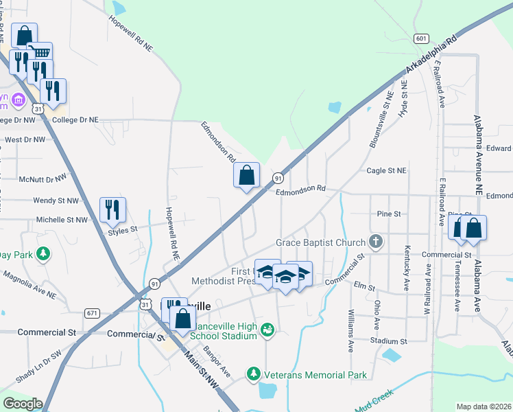 map of restaurants, bars, coffee shops, grocery stores, and more near 100 Arkadelphia Road in Hanceville