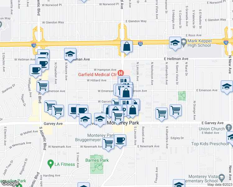 map of restaurants, bars, coffee shops, grocery stores, and more near 116 West Emerson Avenue in Monterey Park