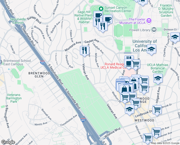 map of restaurants, bars, coffee shops, grocery stores, and more near 617 Kelton Avenue in Los Angeles