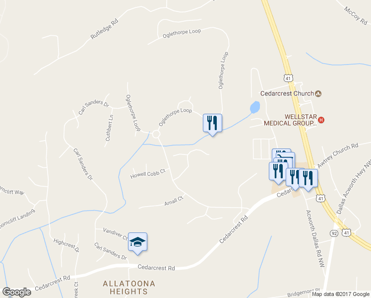 map of restaurants, bars, coffee shops, grocery stores, and more near 6202 Talmadge Way in Acworth