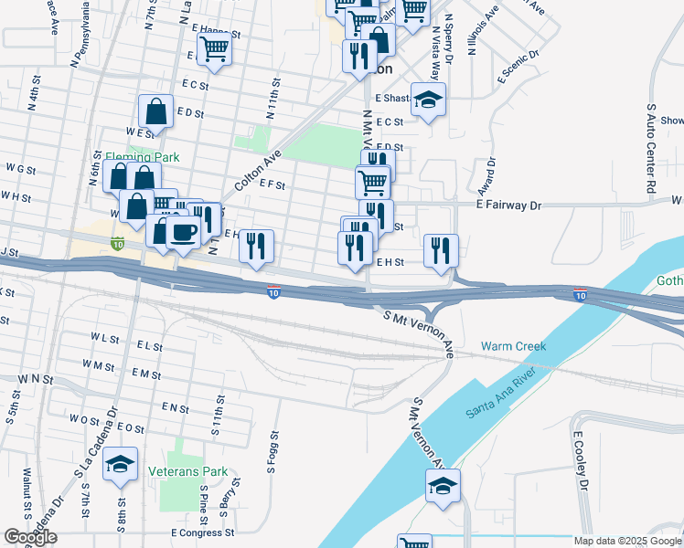 map of restaurants, bars, coffee shops, grocery stores, and more near 692 East H Street in Colton