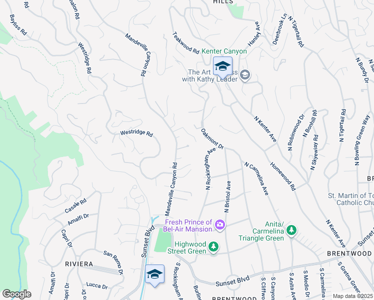 map of restaurants, bars, coffee shops, grocery stores, and more near 1754 Mandeville Canyon Road in Los Angeles