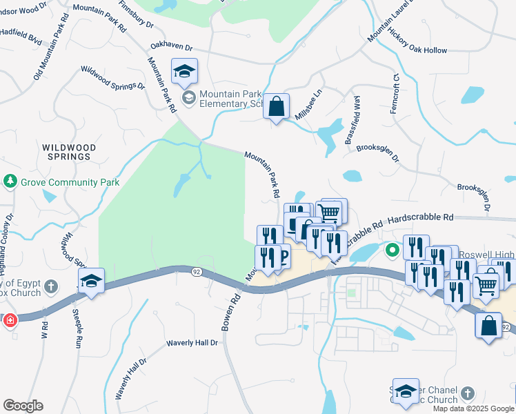 map of restaurants, bars, coffee shops, grocery stores, and more near 11710 Mountain Park Road in Roswell