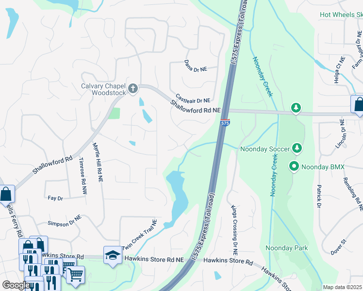 map of restaurants, bars, coffee shops, grocery stores, and more near Watkins Glen Drive Northeast in Cobb County