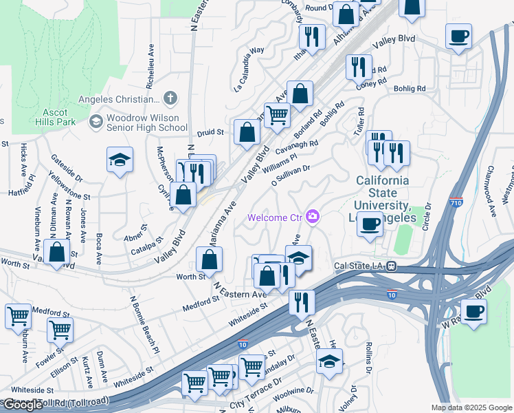 map of restaurants, bars, coffee shops, grocery stores, and more near 4929 O Sullivan Drive in Los Angeles