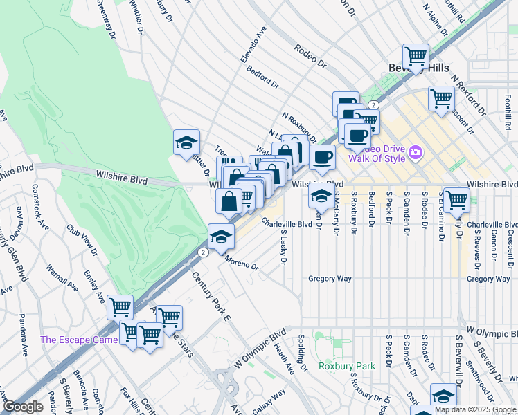map of restaurants, bars, coffee shops, grocery stores, and more near 9850 Wilshire Boulevard in Beverly Hills