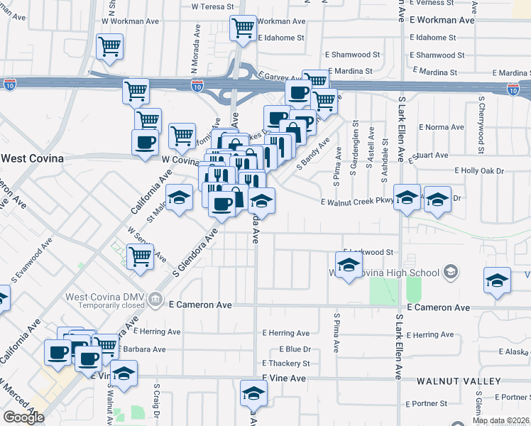 map of restaurants, bars, coffee shops, grocery stores, and more near in West Covina