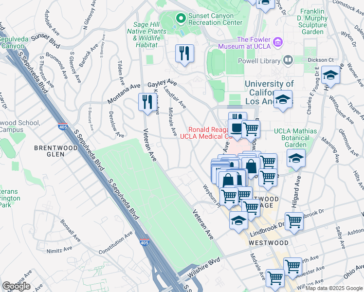 map of restaurants, bars, coffee shops, grocery stores, and more near 614 Midvale Avenue in Los Angeles