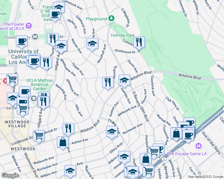 map of restaurants, bars, coffee shops, grocery stores, and more near 10445 Wilshire Boulevard in Los Angeles