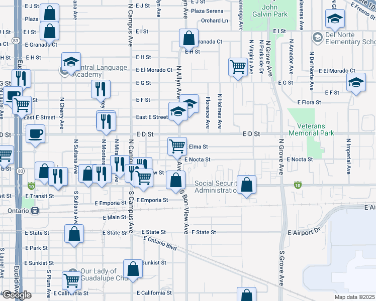 map of restaurants, bars, coffee shops, grocery stores, and more near 920 East Elma Street in Ontario