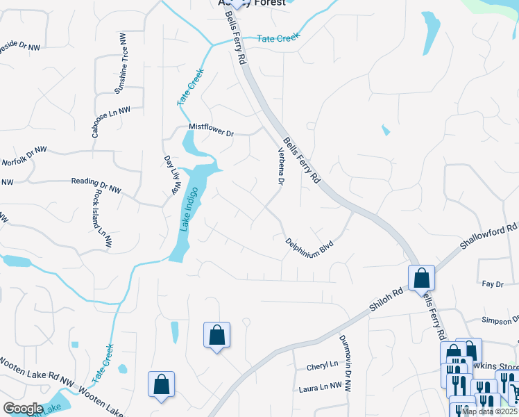map of restaurants, bars, coffee shops, grocery stores, and more near 600 Delphinium Boulevard in Acworth