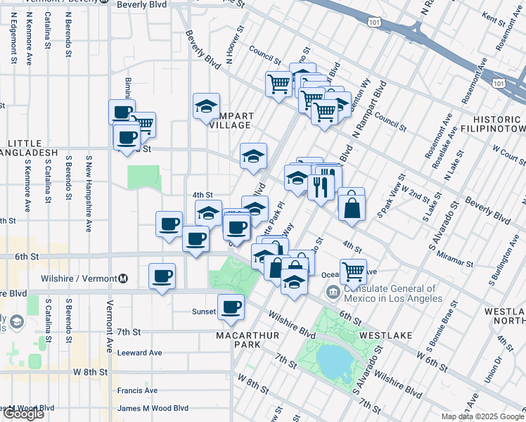 map of restaurants, bars, coffee shops, grocery stores, and more near 401 South Lafayette Park Place in Los Angeles