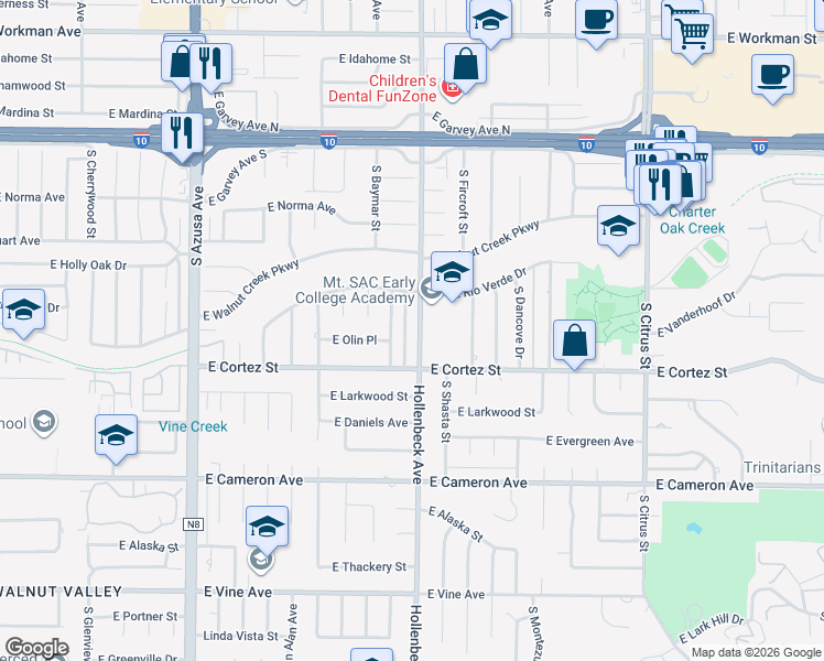 map of restaurants, bars, coffee shops, grocery stores, and more near 414 South Hillborn Avenue in West Covina