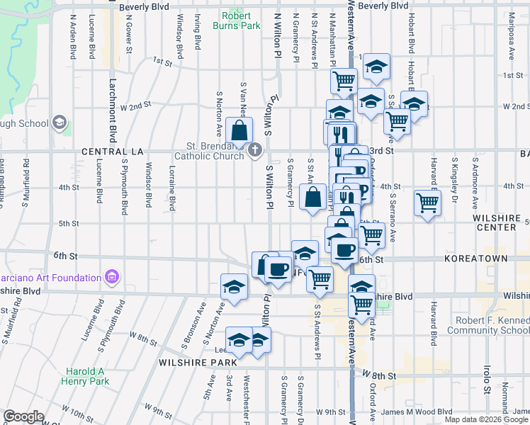 map of restaurants, bars, coffee shops, grocery stores, and more near 443 South Wilton Place in Los Angeles