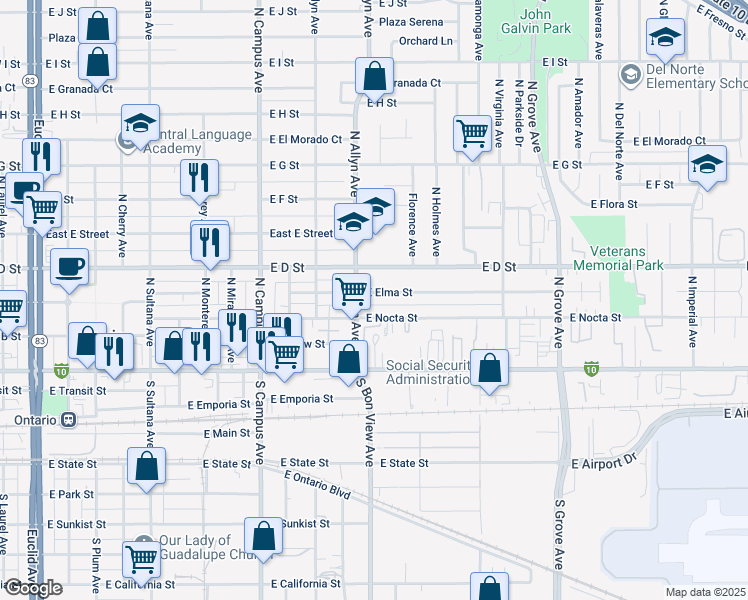 map of restaurants, bars, coffee shops, grocery stores, and more near 920 East Elma Street in Ontario