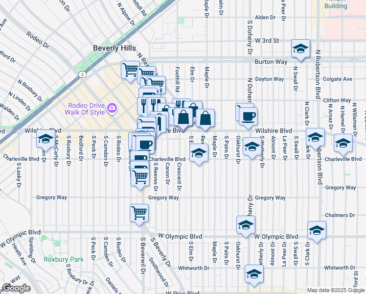 map of restaurants, bars, coffee shops, grocery stores, and more near 132 Crescent Drive in Beverly Hills