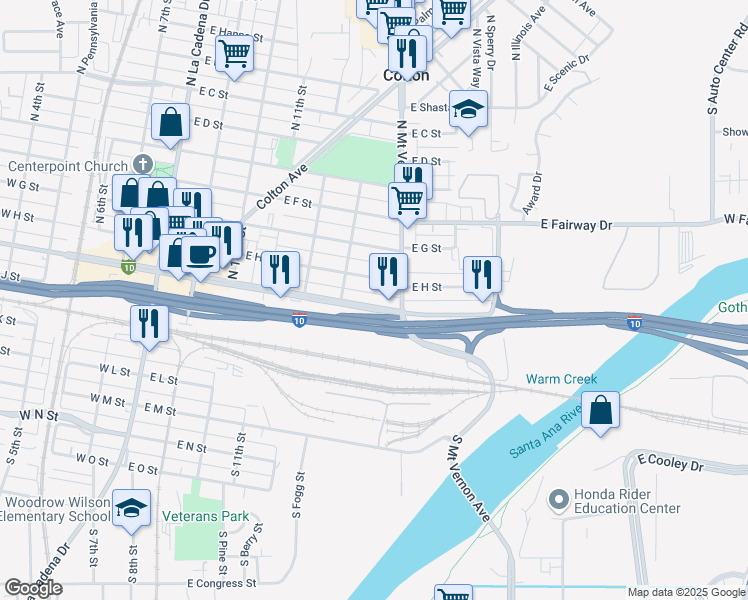 map of restaurants, bars, coffee shops, grocery stores, and more near 691 East Valley Boulevard in Colton