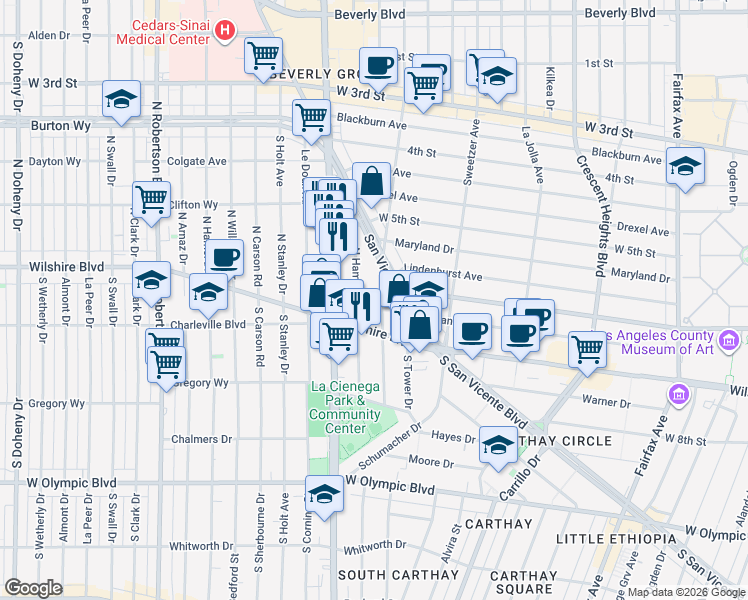 map of restaurants, bars, coffee shops, grocery stores, and more near 117 North Gale Drive in Beverly Hills