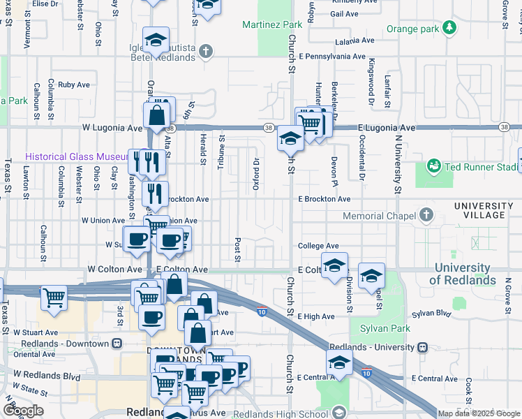 map of restaurants, bars, coffee shops, grocery stores, and more near 1016 Oxford Drive in Redlands