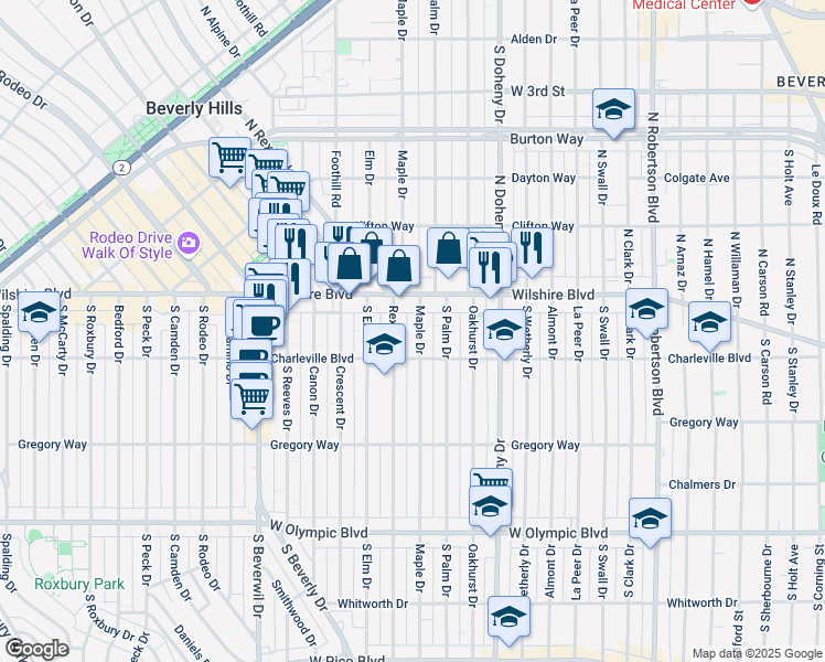 map of restaurants, bars, coffee shops, grocery stores, and more near 137 South Maple Drive in Beverly Hills