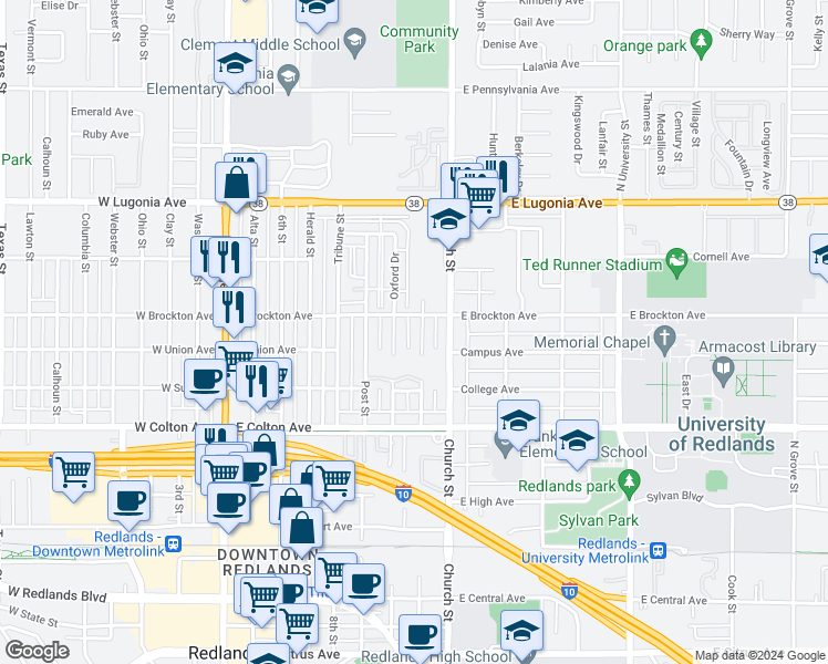 map of restaurants, bars, coffee shops, grocery stores, and more near 611 East Brockton Avenue in Redlands