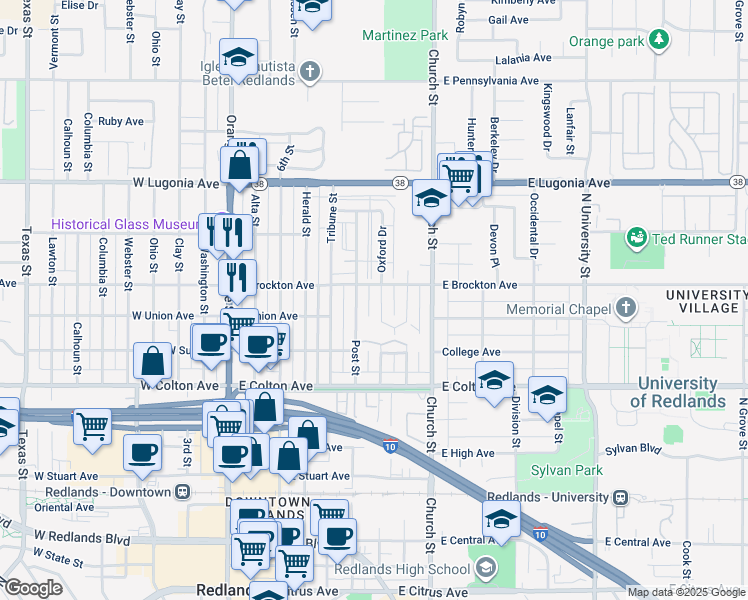 map of restaurants, bars, coffee shops, grocery stores, and more near 511 East Brockton Avenue in Redlands