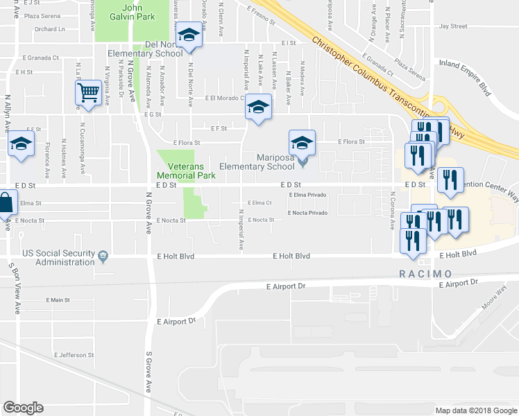 map of restaurants, bars, coffee shops, grocery stores, and more near 1457 East Elma Court in Ontario