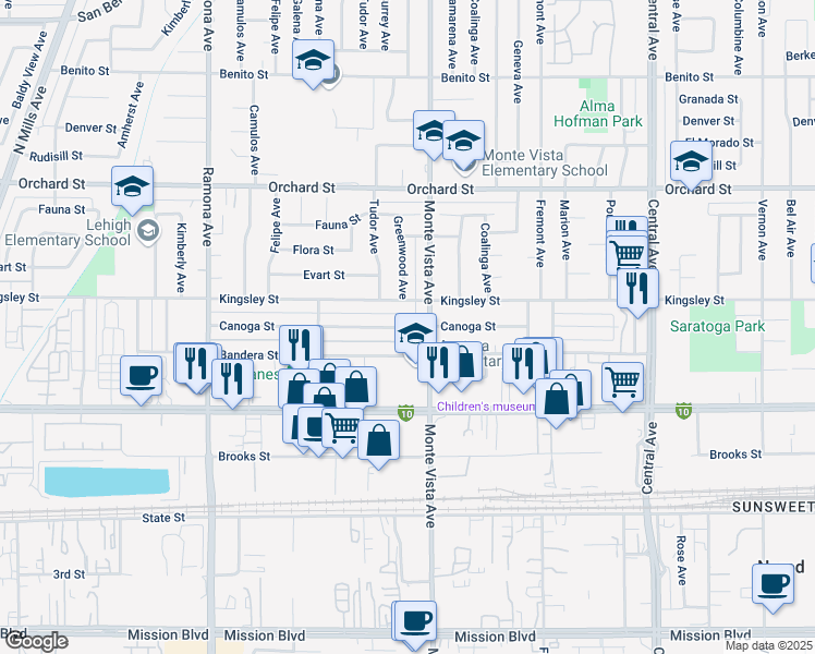 map of restaurants, bars, coffee shops, grocery stores, and more near 4867 Kingsley Street in Montclair
